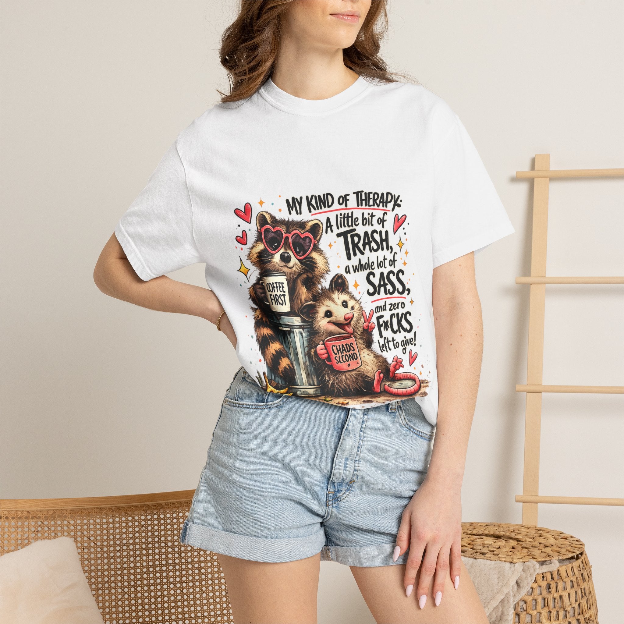 Graphic T-Shirt — "My Kind of Therapy: A Little Bit of Trash, Sass & Zero F*cks" Cute Raccoon Design