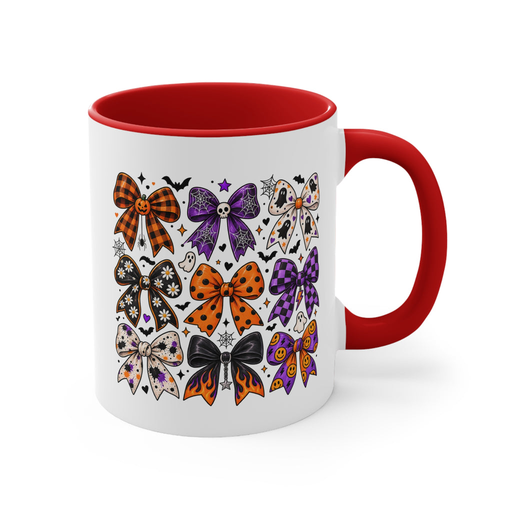 Cute Halloween Bow Accent Mug, Pink Spooky Coffee Cup, Girly Pumpkin & Bat Mug, Fall Gift for Her