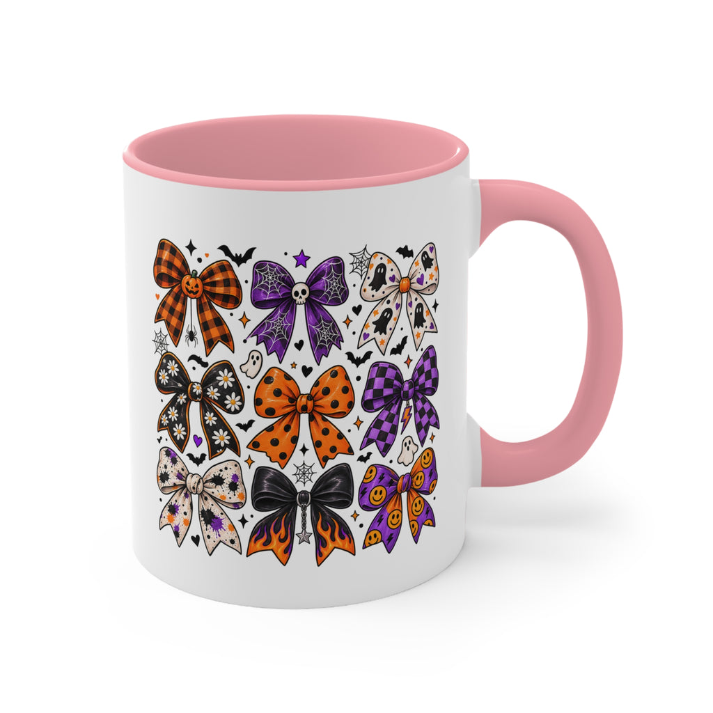 Cute Halloween Bow Accent Mug, Pink Spooky Coffee Cup, Girly Pumpkin & Bat Mug, Fall Gift for Her