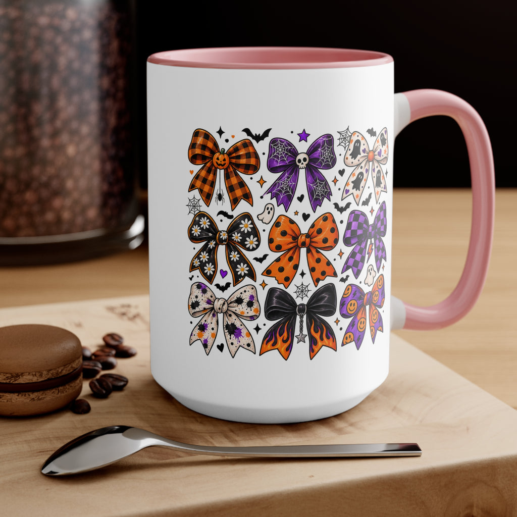 Cute Halloween Bow Accent Mug, Pink Spooky Coffee Cup, Girly Pumpkin & Bat Mug, Fall Gift for Her