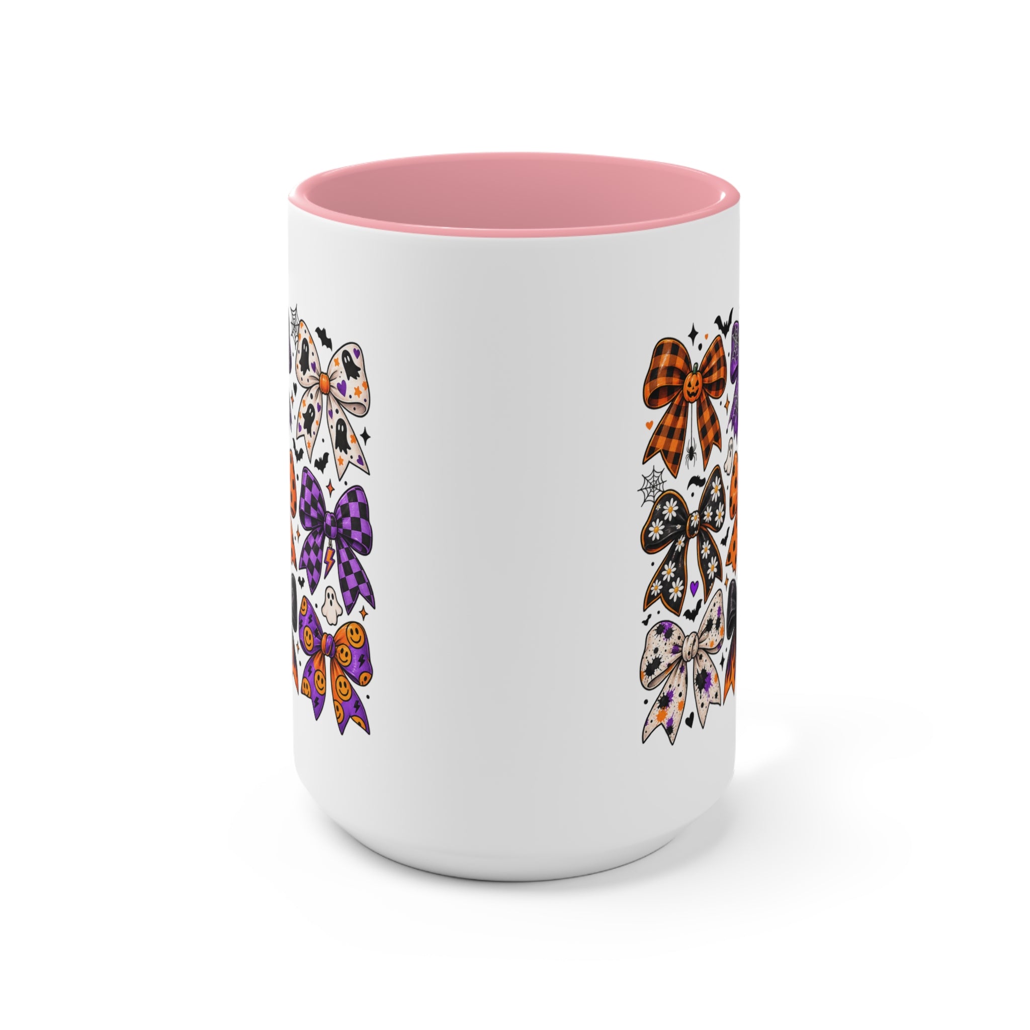 Cute Halloween Bow Accent Mug, Pink Spooky Coffee Cup, Girly Pumpkin & Bat Mug, Fall Gift for Her