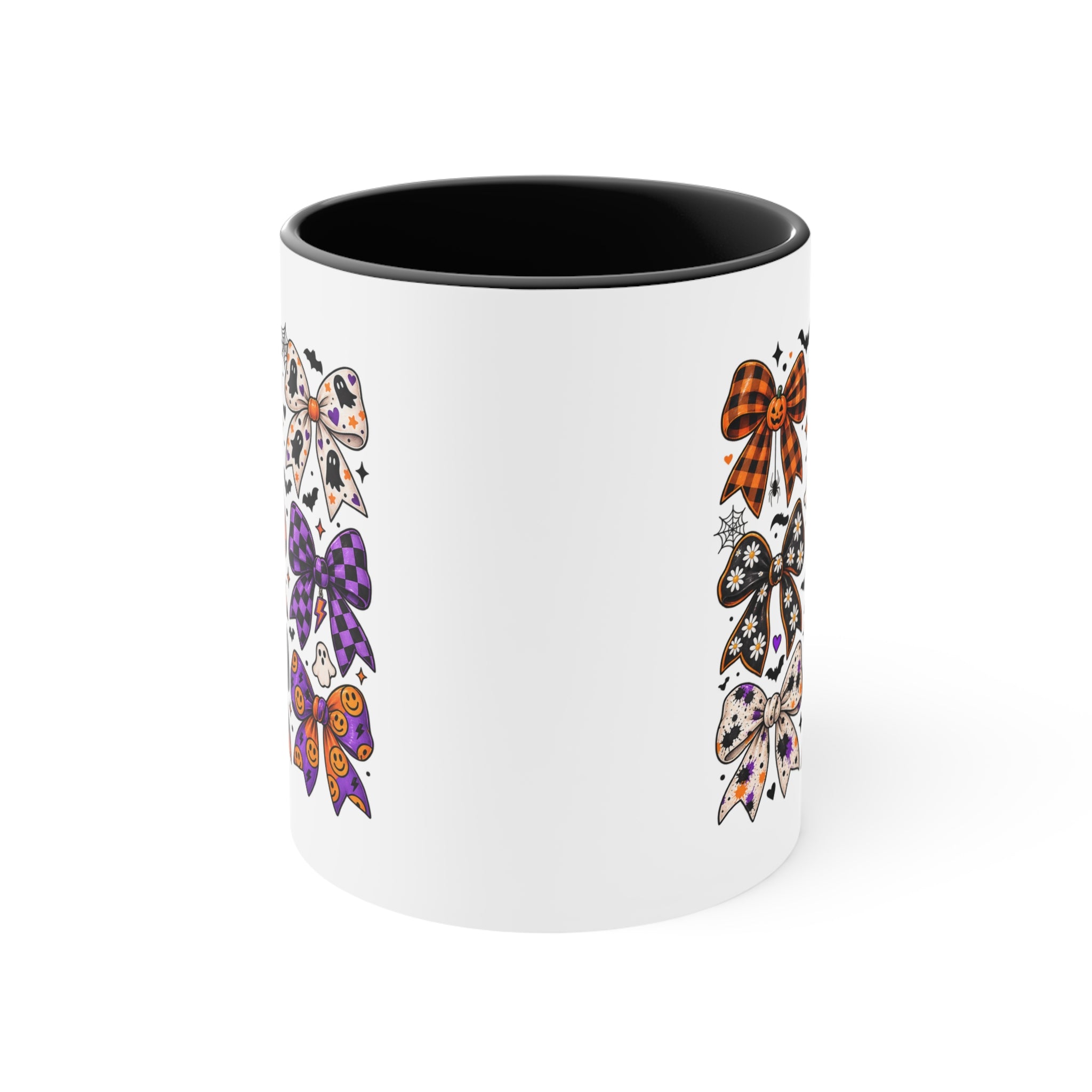 Cute Halloween Bow Accent Mug, Pink Spooky Coffee Cup, Girly Pumpkin & Bat Mug, Fall Gift for Her