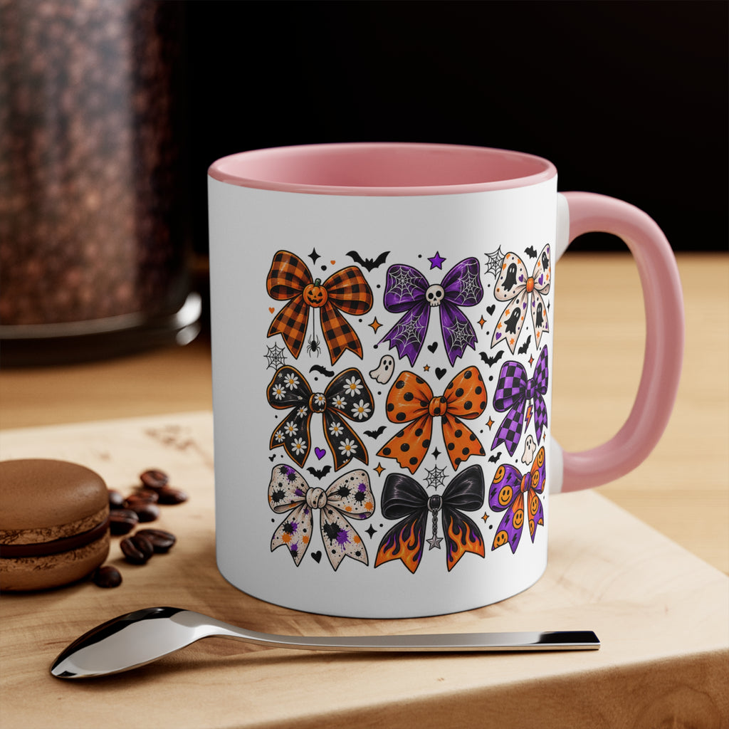 Cute Halloween Bow Accent Mug, Pink Spooky Coffee Cup, Girly Pumpkin & Bat Mug, Fall Gift for Her
