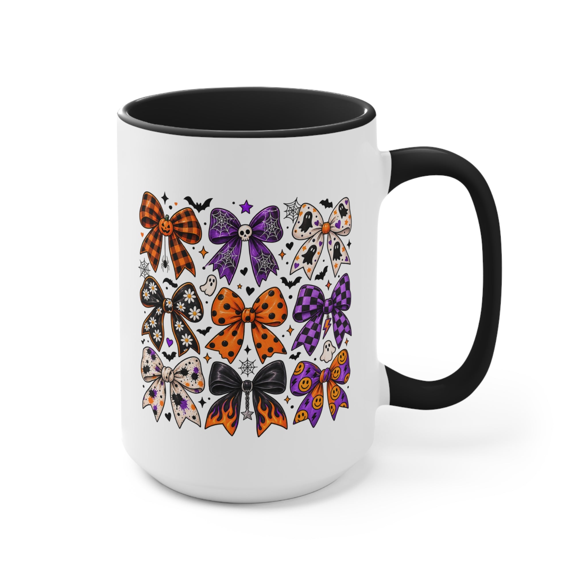 Cute Halloween Bow Accent Mug, Pink Spooky Coffee Cup, Girly Pumpkin & Bat Mug, Fall Gift for Her