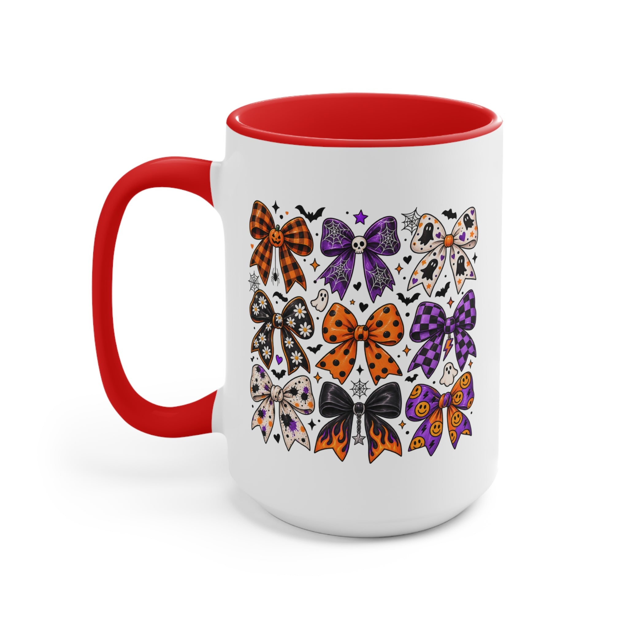 Cute Halloween Bow Accent Mug, Pink Spooky Coffee Cup, Girly Pumpkin & Bat Mug, Fall Gift for Her