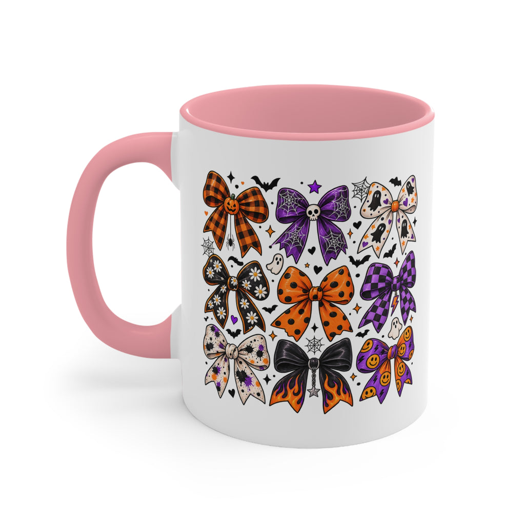 Cute Halloween Bow Accent Mug, Pink Spooky Coffee Cup, Girly Pumpkin & Bat Mug, Fall Gift for Her