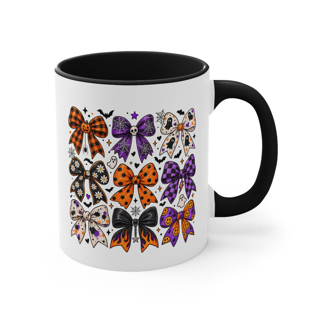 Cute Halloween Bow Accent Mug, Pink Spooky Coffee Cup, Girly Pumpkin & Bat Mug, Fall Gift for Her