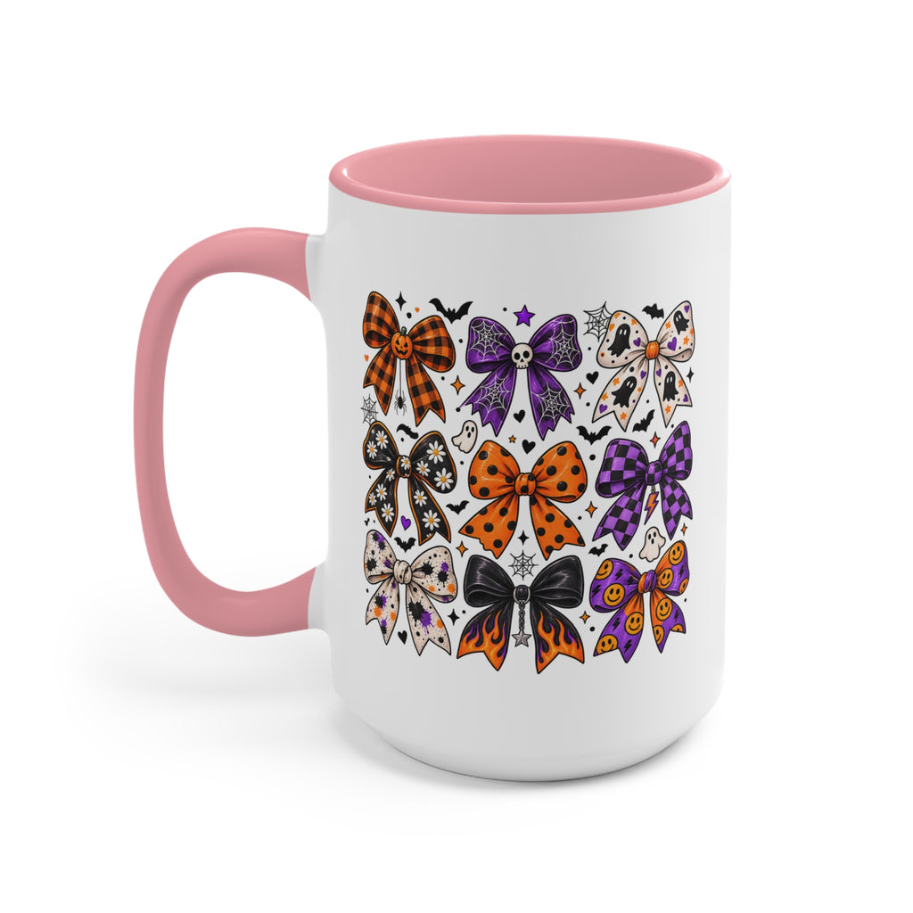 Cute Halloween Bow Accent Mug, Pink Spooky Coffee Cup, Girly Pumpkin & Bat Mug, Fall Gift for Her