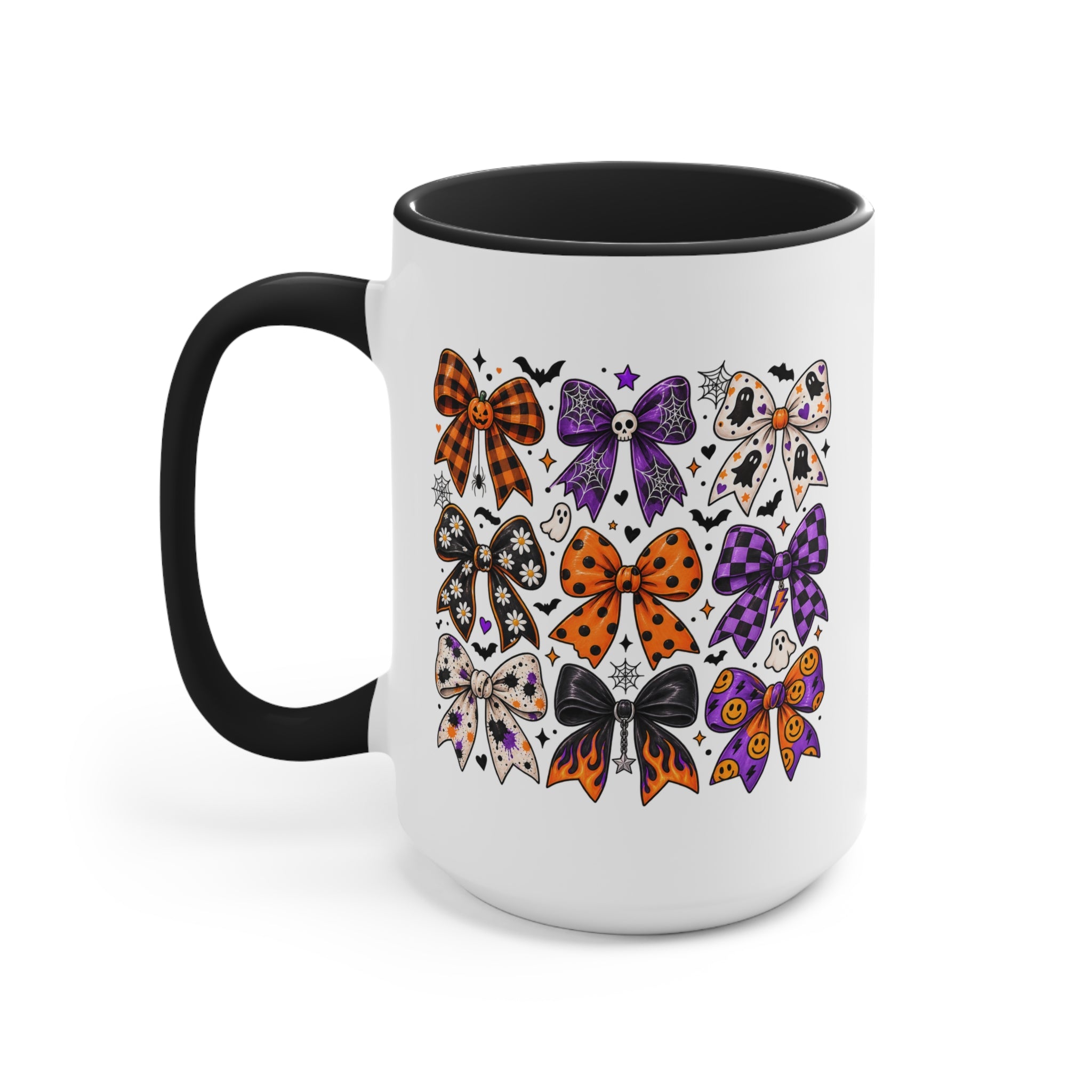Cute Halloween Bow Accent Mug, Pink Spooky Coffee Cup, Girly Pumpkin & Bat Mug, Fall Gift for Her