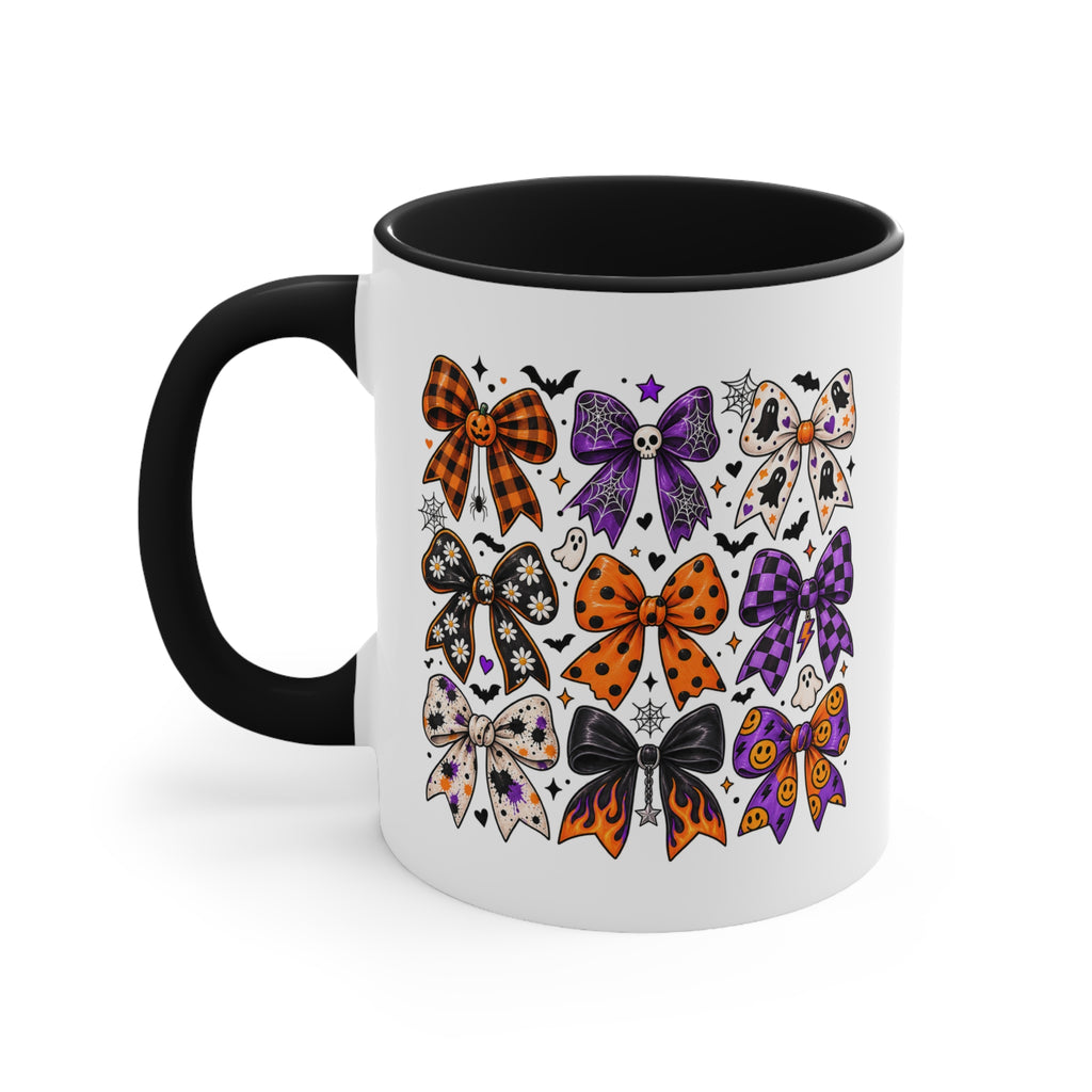 Cute Halloween Bow Accent Mug, Pink Spooky Coffee Cup, Girly Pumpkin & Bat Mug, Fall Gift for Her