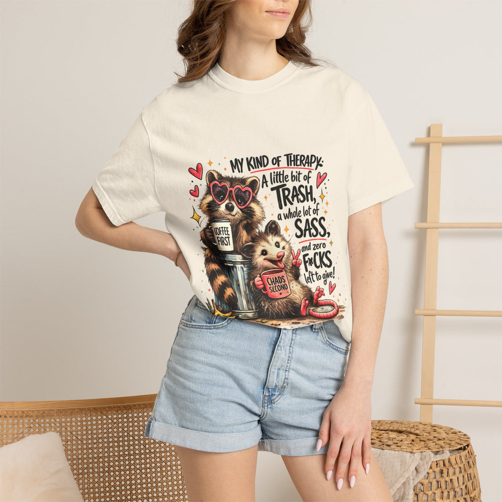 Graphic T-Shirt — "My Kind of Therapy: A Little Bit of Trash, Sass & Zero F*cks" Cute Raccoon Design