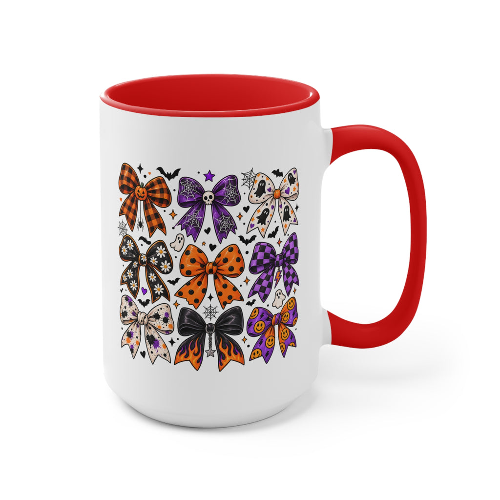 Cute Halloween Bow Accent Mug, Pink Spooky Coffee Cup, Girly Pumpkin & Bat Mug, Fall Gift for Her