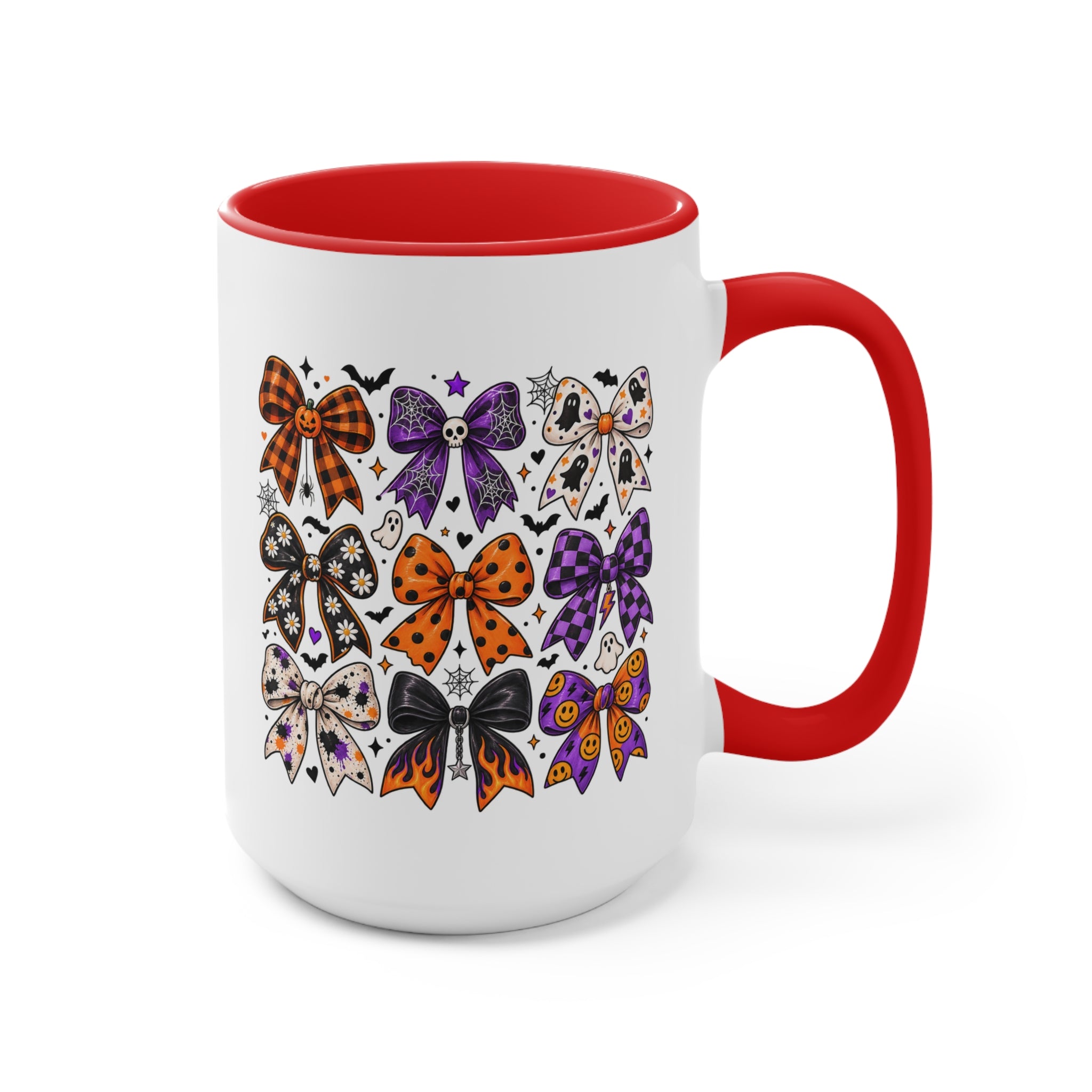 Cute Halloween Bow Accent Mug, Pink Spooky Coffee Cup, Girly Pumpkin & Bat Mug, Fall Gift for Her