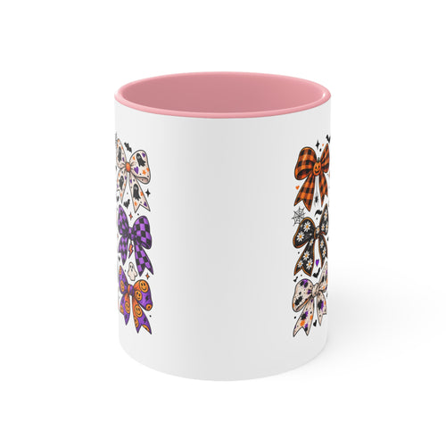 Cute Halloween Bow Accent Mug, Pink Spooky Coffee Cup, Girly Pumpkin & Bat Mug, Fall Gift for Her