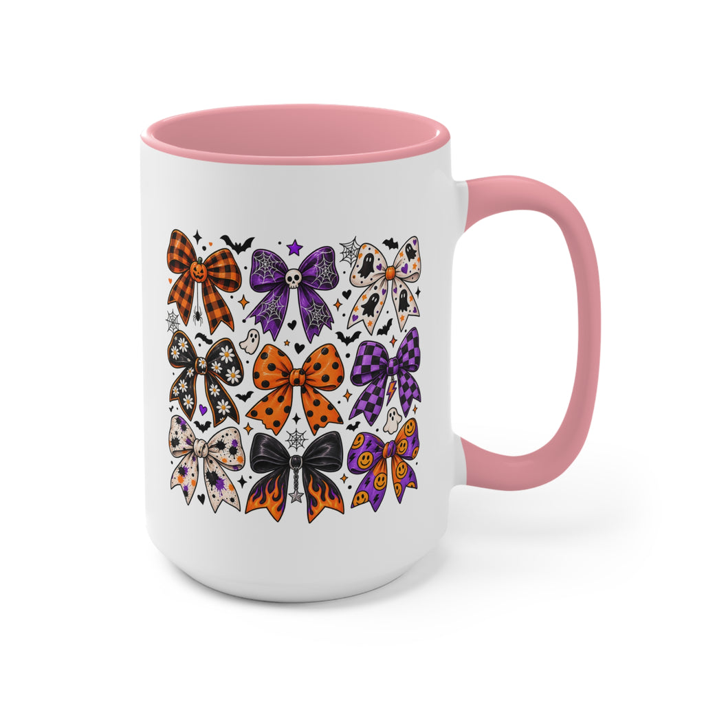 Cute Halloween Bow Accent Mug, Pink Spooky Coffee Cup, Girly Pumpkin & Bat Mug, Fall Gift for Her