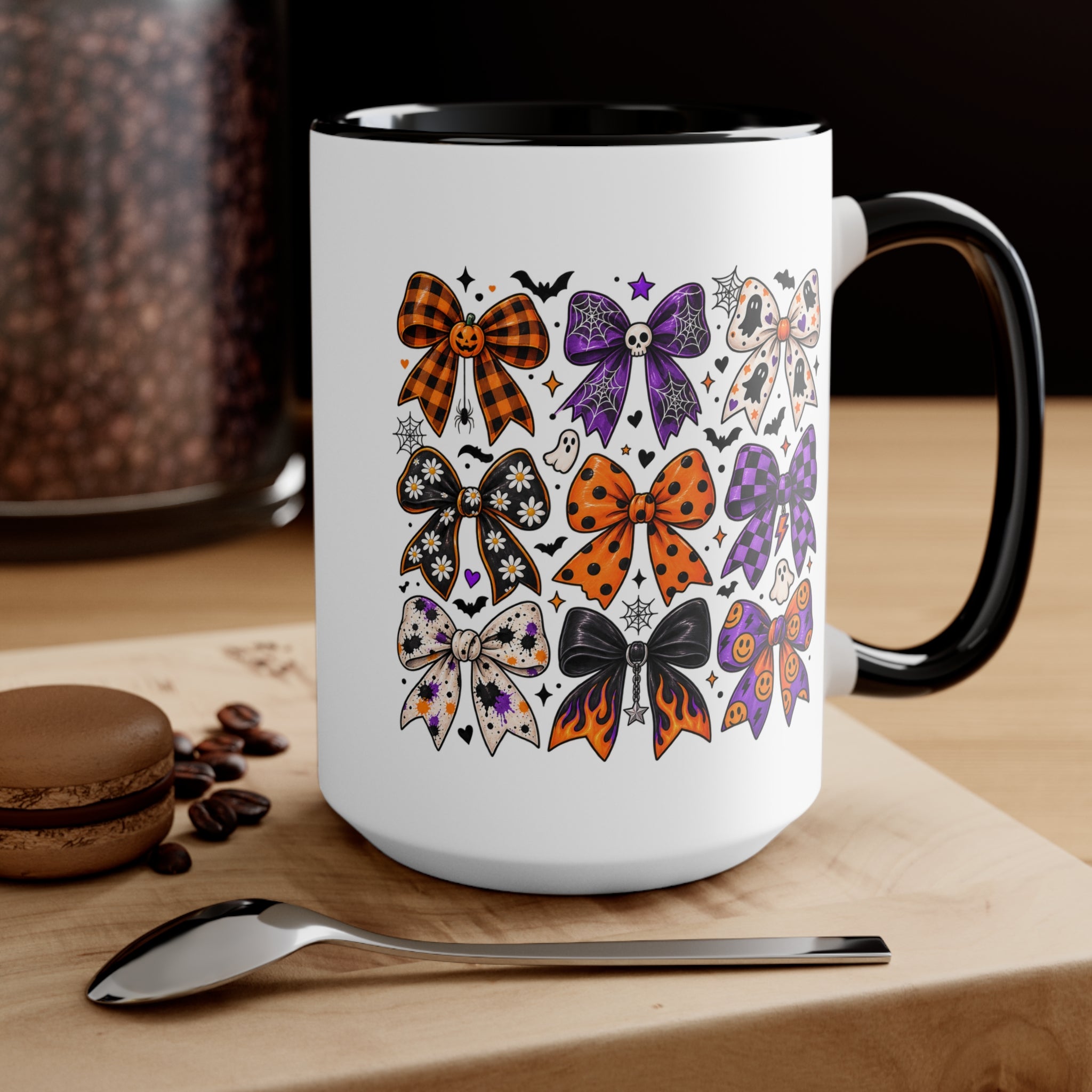Cute Halloween Bow Accent Mug, Pink Spooky Coffee Cup, Girly Pumpkin & Bat Mug, Fall Gift for Her