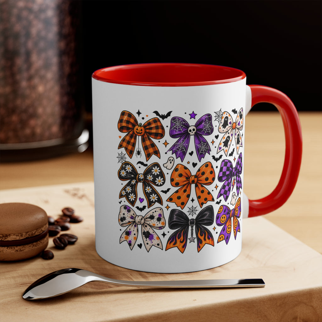 Cute Halloween Bow Accent Mug, Pink Spooky Coffee Cup, Girly Pumpkin & Bat Mug, Fall Gift for Her