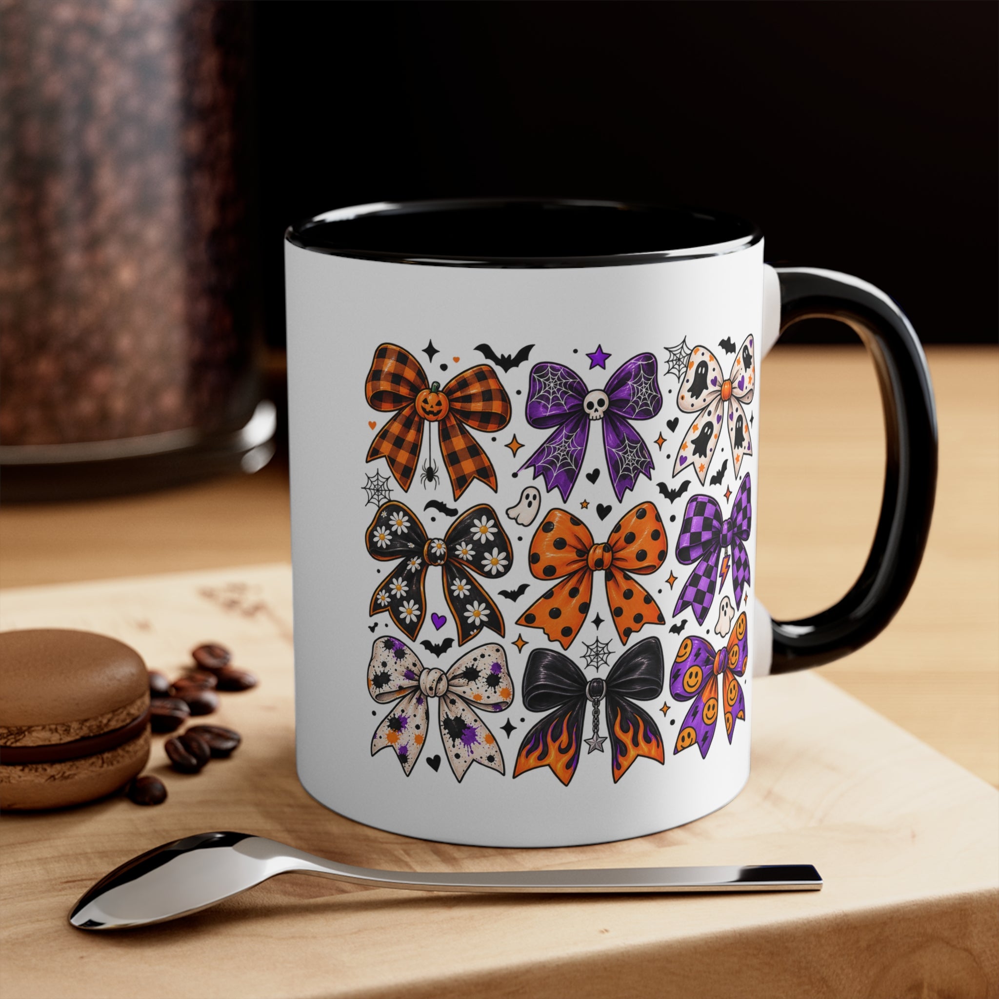 Cute Halloween Bow Accent Mug, Pink Spooky Coffee Cup, Girly Pumpkin & Bat Mug, Fall Gift for Her