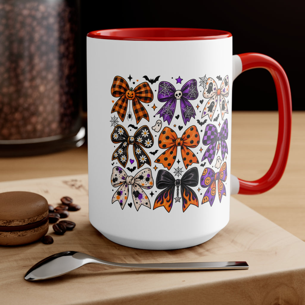 Cute Halloween Bow Accent Mug, Pink Spooky Coffee Cup, Girly Pumpkin & Bat Mug, Fall Gift for Her
