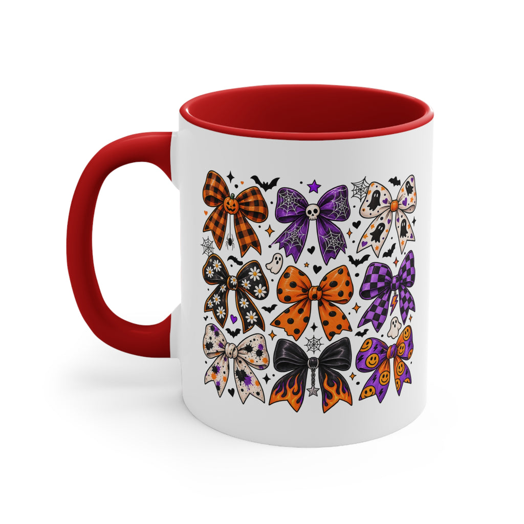 Cute Halloween Bow Accent Mug, Pink Spooky Coffee Cup, Girly Pumpkin & Bat Mug, Fall Gift for Her